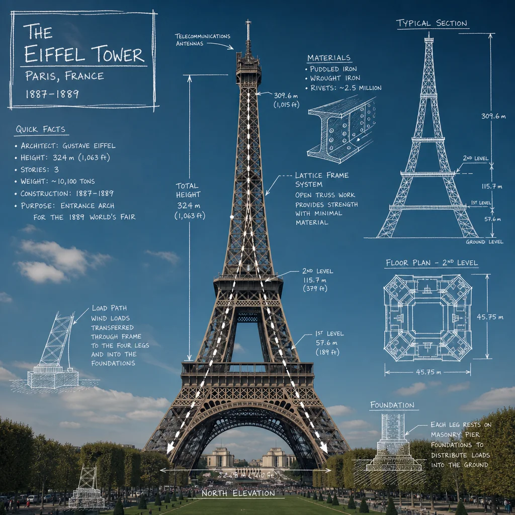 Create an infographic image of [LANDMARK], combining a real photograph of the landmark with blueprint-style technical annotations and diagrams overlaid on the image. Include the title “[LANDMARK]” in a hand-drawn box in the corner. Add white chalk-style sketches showing key structural data, important measurements, material quantities, internal diagrams, load-flow arrows, cross-sections, floor plans, and notable architectural or engineering features. Style: blueprint aesthetic with white line drawings on the photograph, technical/architectural annotation style, educational infographic feel, with the real environment visible behind the annotations.