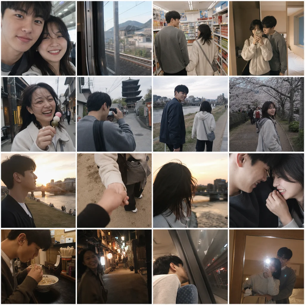 请生成一张高完成度的「 iPhone 旅行回忆 4x4 相册拼贴图 / Retro iPhone Travel Memory Contact Sheet」。
【核心输出要求】最终输出必须是一张完整的 1:1 正方形大图,内部为严格的 4x4 网格(共 16 张小照片)组成一整张旅行回忆相册拼贴图。不要输出 16 张单独照片、不要做成海报、不要加入标题、说明文字、logo、水印、UI 界面或社交媒体边框。这不是商业旅拍、不是网红写真、不是旅游宣传图,而是一组像真实手机相册里翻出来的私人回忆:自然、松弛、不完美、有温度、有关系、有生活感。
────────────────
【一、项目信息】
项目模式:【单人 / 情侣 / 闺蜜 / 亲子(父母+孩子) / 朋友 / 自定义】
旅行主题:【例如:一对年轻情侣在京都赏樱 / 两个女生在清迈旅行 / 父母带儿子在冰岛公路旅行】
目的地:【例如:日本京都(哲学之道 / 鸭川 / 伏见稻荷)】
时间氛围:【例如:清晨 + 傍晚 / 午后 + 日落 / 阴天 + 日落前】
整体情绪:【例如:治愈、安静、温柔 / 松弛、浪漫、热烈 / 辽阔、孤独、冒险感】
────────────────
【二、参考图片使用规则】
如果我上传了参考图片,请严格按照以下逻辑执行:
如果上传了人物参考图:必须优先保留人物的脸型、五官比例、年龄感、发型、肤色倾向、整体气质和真实辨识度;人物要保持“像同一个人”,不能在 16 格里频繁换脸、变年龄、变发型、变气质;可以适度提升上镜感,但不要网红化、偶像剧化、过度精修;不要直接照搬参考图里的构图、姿势或具体画面,只把参考图作为“人物身份锚点”或“风格参考”使用。
如果只上传了部分角色参考图:已上传的人物必须保持一致;未上传的人物请根据项目模式与场景,生成自然、真实、上镜的新角色,并在 16 格里保持稳定一致。
如果没有上传任何参考图:请直接创建全新人物;人物需要明显上镜、好看、有记忆点,但依然自然真实,不像商业模特;不要让新人物长得像参考风格图中的人,要有明显区分,生成全新面孔与全新姿态。
────────────────
【三、整体视觉风格】
整体风格为:old iPhone travel memory / nostalgic candid snapshots / warm faded film-like feeling / natural lifestyle diary。请严格体现以下视觉特征:旧 iPhone 随手拍质感、轻微胶片感、低对比度、轻微褪色、柔和自然的肤色、轻微颗粒、轻微失焦、偶尔运动模糊、偶尔轻微过曝、手持拍摄的轻微歪斜、构图不完美但情绪很对——像真实生活瞬间,而不是摄影作品集。请避免:商业摄影棚感、旅游广告感、时尚杂志感、过度精修感、网红摆拍感、每一张都过于清晰/过于完整/过于端正、所有照片都像 hero shot。
────────────────
【四、核心增强模块:高颜值关系抓拍感 / 活人感增强】
【关系模式】本组图片的关系模式为【单人 / 情侣 / 闺蜜 / 亲子】。请严格根据所选关系模式来组织人物关系、互动方式、情绪氛围和镜头语言,不要混淆。
【整体目标】这组照片的目标不是生成“漂亮但普通的旅行照”或“素材图库式照片”,而是生成一组可信的、非常有生活气息的私人回忆相册:人物要上镜、好看、有吸引力,关系要真实、亲近、熟悉,画面要像被手机随手抓拍到的瞬间,带有强烈的情绪和关系温度。整体关键词:private memory album, photogenic real people, intimate relationship chemistry, candid mid-motion snapshots, old iPhone low-light blur, sunset backlight, windblown hair, face-close selfies, half-cropped faces, mirror selfies, food moments, hand-holding POV, night market motion blur, imperfect timing, lived-in warmth, not stock photography.
【人物外形与上镜感要求】人物不能只是普通路人感,而应当明显更上镜、更有魅力、更有记忆点:highly photogenic, attractive but natural, effortlessly charming, camera-friendly faces。如果有男性角色:要干净、帅气、清爽、松弛、耐看,有少年感或自然成熟感,不要油腻、不要夸张偶像感。如果有女性角色:要漂亮、灵动、自然、笑容有感染力,发型和五官具有真实生活中的上镜感,头发常带有轻微风吹乱的空气感。如果是亲子模式:家长与孩子都要有很强的亲和力和真实感,笑容自然、互动舒服,不要像摆拍亲子广告。所有人物都不要变成网红脸、模特硬照脸、过度精修脸,不要像商业广告大片人物。
【整体质感与灵魂要求】这组图的灵魂不是“精致摆拍”,而是“真实关系里的失控瞬间”:被熟人拍到、正在发生、来不及摆好、时机不完美、情绪很真、好看但不刻意。请重点体现:亲密或熟悉关系下的身体距离、动作进行中的瞬间、有点乱/有点糊/有点歪但氛围很对、像从真实手机相册里翻出来的私人记忆而不是为社交平台精心设计的旅游素材图。
【关系模式专属要求】
如果关系模式是【情侣】:情侣关系必须明显亲密但自然,不要像婚纱写真或旅游广告,重点是“私人关系里的松弛与心动瞬间”。请多出现以下互动:脸贴脸自拍、靠肩/贴近/轻轻拥抱、一前一后贴近站立、男生从背后靠近女生/女生自然靠向男生、牵手走路/牵手 POV、一起大笑/突然笑崩、互相逗弄/打闹/回头看彼此笑、分享食物/喂一口/共用一杯饮料、酒店镜子里的亲密自拍、夜晚街头边走边拍、一个偷拍另一个、半张脸挤进镜头、很近距离的自拍镜头,偶尔有轻微亲吻脸颊或额头/额头相贴/鼻尖贴近这类自然亲密动作。
如果关系模式是【闺蜜】:闺蜜关系必须有很强的熟人感、青春感和疯感,不要像两个女生并排摆拍或时尚街拍广告,重点是“玩疯了、笑开了、很熟很松弛”。请多出现以下互动:一起大笑/笑到失控、挽手/贴肩/靠在一起、搞怪自拍/歪头自拍/贴脸自拍、边走边闹/边跑边拍、夜市里一边吃一边笑、一个帮另一个整理头发、互相拍照/一个拍另一个的背影或回头、镜子前乱拍、举手比耶/跳起来/突然转身/一起冲镜头、分享食物饮料、一个伸手进入画面,有一些像朋友随手偷拍下来的“笑疯瞬间”。
如果关系模式是【亲子】:亲子关系重点不是“家长带孩子合影”,而是“陪伴中的开心互动和真实温暖”,不要像商业亲子广告,不要每张都站着笑。请多出现以下互动:牵手走路、抱起孩子/孩子扑向家长、一起跑/一起追逐、一起吃东西、孩子看着家长笑/家长被孩子逗笑、家长蹲下来和孩子说话、帮孩子整理衣服/擦嘴/抱着安抚、背着孩子/抱在怀里、一起看风景、亲密拥抱、玩闹中的抓拍瞬间,有一点轻微混乱感、生活感、温度感。
如果关系模式是【单人】:单人模式不要像个人写真或时尚大片,重点是“一个人旅行/生活时被随手记录下来的高颜值回忆”。请多出现以下镜头:回头笑、边走边拍、吃东西时的抓拍、背影看风景、镜子自拍、低头看手机、风吹乱头发、在车里/机窗边/窗边发呆、夜景里模糊的一瞬间、拿着饮料或小吃边走边笑、很近距离的自拍、朋友视角偷拍感——不是看镜头准备拍,而是生活中一瞬间被拍到。
【动作与抓拍感要求】画面必须大幅增加 mid-motion candidness,不能全部是静态摆拍。请重点体现:mid-motion, in-between moments, caught mid-laugh, caught mid-turn, caught while walking/running/eating/talking, blink-and-you-miss-it feeling, accidental-looking, imperfect timing, photographed a split second too early or too late。也就是说,很多照片要像:正在笑嘴巴还没闭上、头发被风吹到脸上、身体正在转、正在抬手、刚靠近对方、正在吃/正在说话/正在喝东西、正在奔跑或边走边拍、没站稳/没构图完整就被拍到了。请允许部分照片:轻微模糊、轻微歪斜、轻微失焦、轻微过曝、裁切不完整、半张脸或局部进入画面,有些像手忙脚乱中拍出来的瞬间——这些不完美不是缺点,而是活人感来源。
【构图与镜头语言要求】不要让 16 格都变成完整、清晰、正对镜头的人像照片,要像真实手机相册一样,有主图也有碎片。请混合以下镜头类型:脸贴脸近距离自拍、半身抓拍、背影、侧脸、低头瞬间、回头瞬间、过近或过远的镜头、画面略歪的手机拍摄感、半张脸被裁切、手伸进镜头、牵手 POV、镜子自拍、被朋友偷拍感、局部生活细节镜头。
【生活碎片镜头要求】不要 16 格都只拍“人”,请加入真实手机相册里的生活切片,让画面更像记忆而非素材。可加入:食物特写(早餐、甜品、小吃、饮料)、手/脚/牵手视角、车窗/飞机窗/酒店窗边、房间镜子自拍、路边摊/夜市/咖啡店/餐桌、街景/倒影/玻璃反光、风吹头发的近景、包/手机/饮料/旅途中的小物件、只拍到一个人的局部或动作。这些生活切片要自然穿插在整组图里,增强“回忆感”和“可信度”。
【光影与氛围要求】光影不要太商业、太电影、太棚拍,而要像旧手机真实拍出来的氛围。重点参考以下光感:海边日落逆光、黄昏暖光、车窗里的傍晚天色、酒店房间暖灯、夜晚街头霓虹、镜子自拍闪光灯、夜市灯牌的过曝高光、低光环境里的轻微噪点和运动模糊、蓝调夜景、室内暖黄灯与室外冷色形成对比。整体是:old iPhone memory feeling / low-light phone photo / imperfect exposure / sunset backlight / warm lamps / neon blur / mirror flash。不要:商业摄影棚灯、每张都曝光完美、每张都高清锐利、电影海报级戏剧灯光、精修大片感。
【16格照片类型比例控制】请控制整组照片的类型分布,不要每一张都像精修主图:约 3–4 张相对清晰、人物好看、关系明确、可作为主记忆点的照片;约 6–8 张强互动抓拍照片(例如大笑、奔跑、拥抱、靠肩、回头、吃东西、互相偷拍);约 3–4 张模糊/歪斜/低光/夜景/运动中/一闪而过的失控照片;约 2–3 张生活细节照片(例如食物、手、脚、车窗、机窗、镜子、街景、饮料、背影、局部)。整体宁可有几张“不完美但很有情绪”的照片,也不要 16 张都规整、清晰、静态、像素材库。
【强约束:必须避免的错误方向】请严格避免以下问题:stock-photo feeling, static posing, overly composed travel influencer shots, repetitive front-facing portraits, editorial perfection, campaign-like polished look, every frame looking like a hero shot, 网红摆拍感, 商业旅游宣传片感, 婚纱广告感, 亲子广告感, 太整齐/太规整/太精修, 看起来像 AI 批量生成的素材图。
【最终总原则】最终效果必须更像:“真实的人,在真实关系里,被熟人或自己用手机随手拍下的一组私人回忆。”而不是“好看但普通的旅行照合集”或“统一风格的社交媒体素材图”。请记住:目标不是生成完美照片,而是生成有灵魂、有关系温度、有失控瞬间、有真实记忆感的相册。
────────────────
【五、16格叙事结构】
请严格按照“4组 × 每组4张”的方式组织 16 格内容,每组对应一段旅行记忆,形成完整故事流,并且方便后续拆成四张 2x2 继续做 vlog。
第1组(第1–4格):【填写第1组场景,例如:机场落地、地铁、酒店阳台看到圣家堂】要求:体现抵达感/旅程开始感/第一次进入目的地的感觉;可包含自拍、机场、火车、地铁、租车、车窗外、酒店门口、民宿门口、便利店等;情绪偏“刚开始、期待、新鲜”。
第2组(第5–8格):【填写第2组场景,例如:哥特区迷路、买水果、路边喝啤酒】要求:体现白天探索、闲逛、互动、轻松生活感;可包含街道、小店、市场、买吃的、散步、互相拍照、回头笑、买饮料、小巷等;情绪偏“进入状态、松弛、日常感”。
第3组(第9–12格):【填写第3组场景,例如:海滩日落、逆光背影、牵手回头笑】要求:体现一天中最有情绪的高光片段;常适合日落、海边、桥边、稻田、山路、风景点、逆光、背影、对视等;情绪偏“浪漫/治愈/热烈/辽阔/冒险”等主题最高点。
第4组(第13–16格):【填写第4组场景,例如:夜晚 tapas 餐厅、地铁末班车、酒店镜子前自拍】要求:体现收尾感/夜晚感/最后留在相册里的余韵;可包含夜市、拉面店、餐厅、路灯下、车窗、镜子自拍、房间吃甜品、泡脚、敷面膜、晚安前的片刻等;情绪偏“温暖、收束、余韵、回忆感”。
────────────────
【六、画面与故事一致性要求】
整组 16 格必须是同一趟旅行;人物必须前后一致;穿搭允许轻微变化,但必须符合“同一次旅行”的逻辑,不要完全跳脱;时间氛围与地点风格要统一,不要混入无关城市或季节;16 格之间要像一本真实相册,而不是 16 张互不相关的图。
────────────────
【七、最终输出要求】
请生成:一张完整的 4x4 拼贴图,画幅 1:1 正方形,一共 16 张图整齐排列在一张图里,每张都像真实相册里的抓拍瞬间,整体风格柔和、自然、怀旧、上镜、真实、有关系感。最后再强调一次:不要做成旅游海报,不要做成杂志版式,不要加文字,不要加 logo,不要加 UI。输出的是“一张完整的 4x4 旅行回忆相册拼贴图”。