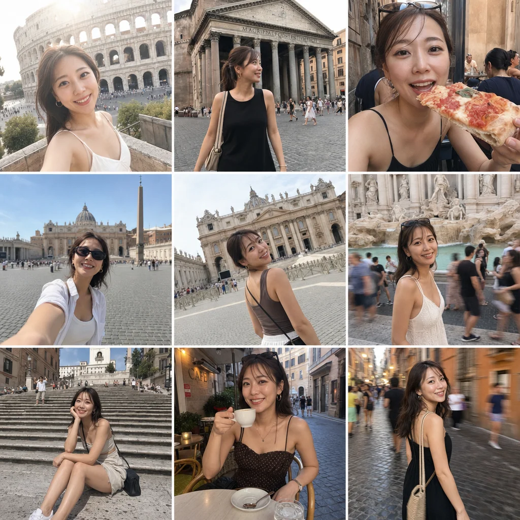 Prompt:
{
  "Objective": "Generate a 3x3 grid collage of travel vlog-style photos featuring a Japanese female traveler exploring iconic locations in Rome, captured with a low-quality smartphone aesthetic.",
  "Format": {
    "Aspect Ratio": "1:1 collage",
    "Type": "Photo grid",
    "Grid": {
      "Rows": 3,
      "Columns": 3,
      "Total Images": 9,
      "Spacing": "Equal spacing",
      "Margins": "Clean, minimal borders"
    }
  },
  "Concept": {
    "Theme": "Rome travel vlog",
    "Style": "Casual, candid, influencer-style moments",
    "Aesthetic": "Low-quality smartphone photos with natural imperfections"
  },
  "Persona Details": {
    "Character": "Japanese female traveler",
    "Appearance": "Slender, very attractive, natural beauty",
    "Wardrobe": "Stylish summer travel outfits (dresses, sunglasses, casual chic)",
    "Mood": "Curious, cheerful, relaxed"
  },
  "Grid Scenes": [
    {
      "Position": "Top Left",
      "Scene": "Selfie with the Colosseum in the background, slightly overexposed sunlight"
    },
    {
      "Position": "Top Center",
      "Scene": "Standing in front of the Pantheon, candid mid-walk shot"
    },
    {
      "Position": "Top Right",
      "Scene": "Holding a slice of authentic Italian pizza, close-up casual food shot"
    },
    {
      "Position": "Middle Left",
      "Scene": "At Vatican City Obelisk (St. Peter’s Square), wide-angle selfie"
    },
    {
      "Position": "Middle Center",
      "Scene": "In front of St. Peter’s Cathedral, slightly tilted framing"
    },
    {
      "Position": "Middle Right",
      "Scene": "Trevi Fountain candid pose, crowd slightly blurred"
    },
    {
      "Position": "Bottom Left",
      "Scene": "Spanish Steps sitting pose, relaxed candid moment"
    },
    {
      "Position": "Bottom Center",
      "Scene": "Roman street café scene with espresso, soft focus"
    },
    {
      "Position": "Bottom Right",
      "Scene": "Walking through a narrow cobblestone street, motion blur effect"
    }
  ],
  "Visual Style": {
    "Camera": "Handheld smartphone",
    "Quality": "Low resolution, slight grain/noise",
    "Lighting": "Mixed natural lighting, occasional overexposure",
    "Effects": "Motion blur, imperfect framing, slight lens distortion",
    "Vibe": "Authentic, unpolished, travel diary feel"
  },
  "Response Format": {
    "Type": "Image generation prompt",
    "Output": "Single 3x3 collage image with 9 Rome travel vlog scenes"
  }
}