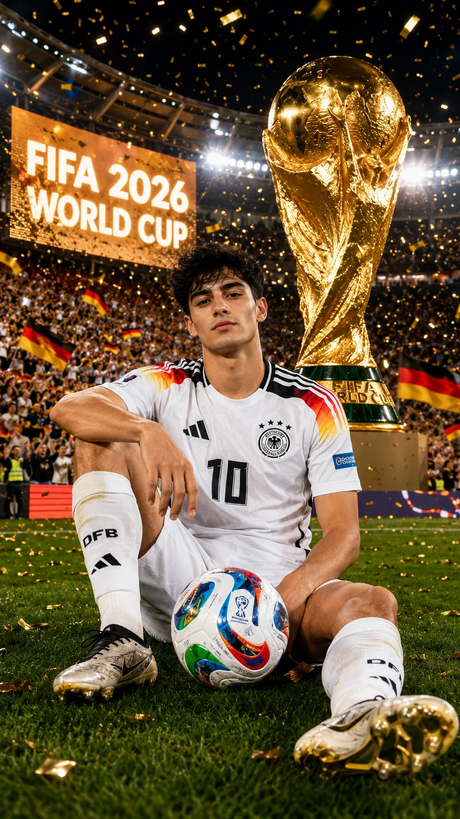 Ultra-realistic FIFA World Cup 2026 promotional poster featuring a handsome young male football player sitting confidently on the stadium pitch during a championship celebration. The boy has thick black hair, sharp facial features, expressive dark eyes, and an athletic physique. He wears the official Germany national football team home kit, jersey number 10, white shorts, long white socks, and professional football boots.
He sits casually on the illuminated field with one knee raised and a FIFA match ball positioned in front of him. Behind him towers a gigantic golden FIFA World Cup trophy and an enormous glowing stadium screen displaying "FIFA 2026 WORLD CUP." Thousands of fans fill the packed arena waving German flags, while golden confetti rains from above.
Epic championship atmosphere, dramatic stadium floodlights, sparkling reflections on the glossy pitch, cinematic depth of field, realistic crowd details, luxury sports advertising style, ultra-detailed football uniform textures, dynamic composition, vibrant colors, professional sports photography, sharp focus, volumetric lighting, photorealistic skin, 8K UHD, award-winning sports poster, FIFA promotional campaign aesthetic.
Negative Prompt:
blurry, low resolution, extra limbs, extra fingers, deformed body, bad anatomy, cropped, watermark, text artifacts, duplicate person, unrealistic face, distorted football, poor lighting, oversaturated colors, low quality, cartoon, CGI, noise, motion blur