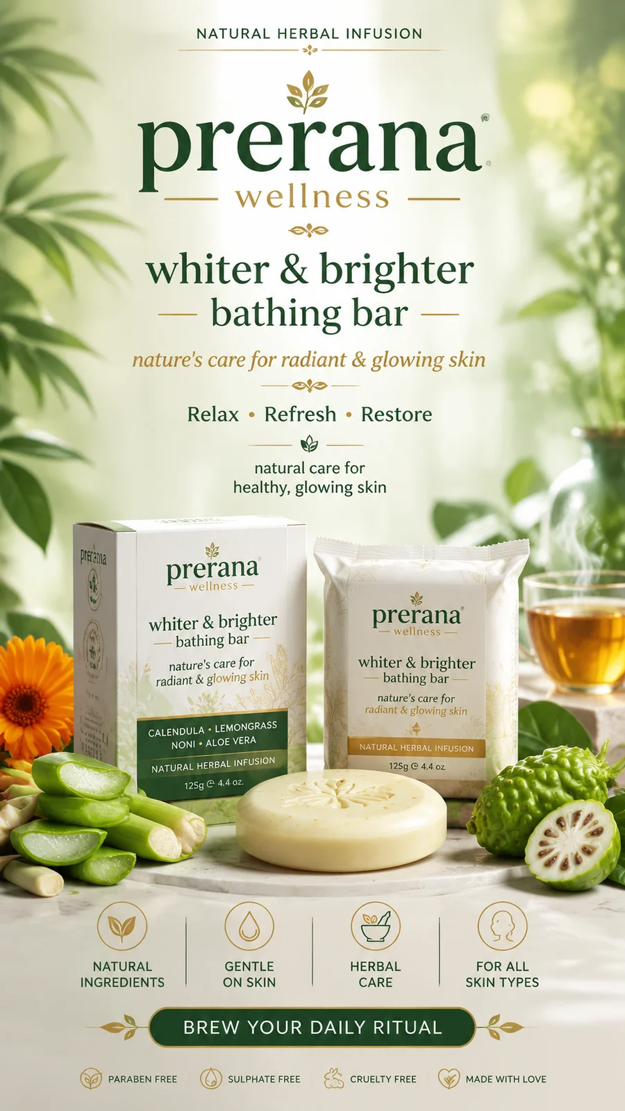 Create a premium wellness advertising poster for a wellness brand. Design it as a polished commercial poster with a clean, modern, calming layout and strong visual hierarchy.Brand name: prerana wellnessProduct name: whiter & brighter bathing barTagline: nature's care for radiant & glowing skinShow the bar as the main hero product: a realistic premium bathing bar box and matching bar sachet packaging with elegant branding, beside a beautiful . The packaging should look luxurious, clean, natural, and professionally branded with the name prerana wellness.Add natural wellness ingredients around the product such as calendula, lemongrass, noni, aloe vera . Make the scene feel soothing, fresh, healthy, and relaxing.Use a wellness-inspired color palette: soft green, sage, cream, warm beige, white, deep forest green, and subtle gold accents.Background style: bright, airy, premium wellness atmosphere, soft natural light, gentle bokeh, botanical leaves, clean studio composition, realistic shadows, glossy highlights, fresh spa-like mood, and luxury lifestyle branding.Use elegant modern typography with strong visual hierarchy.Poster text:Top small text:NATURAL HERBAL INFUSIONMain headline:prerana wellnessSubheadline:whiter & brighter bathing barTagline:nature's care for radiant & glowing skinSupporting line:Relax • Refresh • RestoreBody copy:natural care for healthy, glowing skinBenefit callouts:natural ingredients, gentle on sikn,herbal care, for all skin types Call-to-action:Brew Your Daily RitualAdd clean wellness icons, thin gold divider lines, soft botanical illustrations, realistic steam from the tea cup, elegant product reflections, premium packaging details, and natural ingredient styling.Make the final poster highly realistic, luxurious, calming, commercial, sharp, high-resolution, and suitable for Instagram, Facebook, and print advertising.