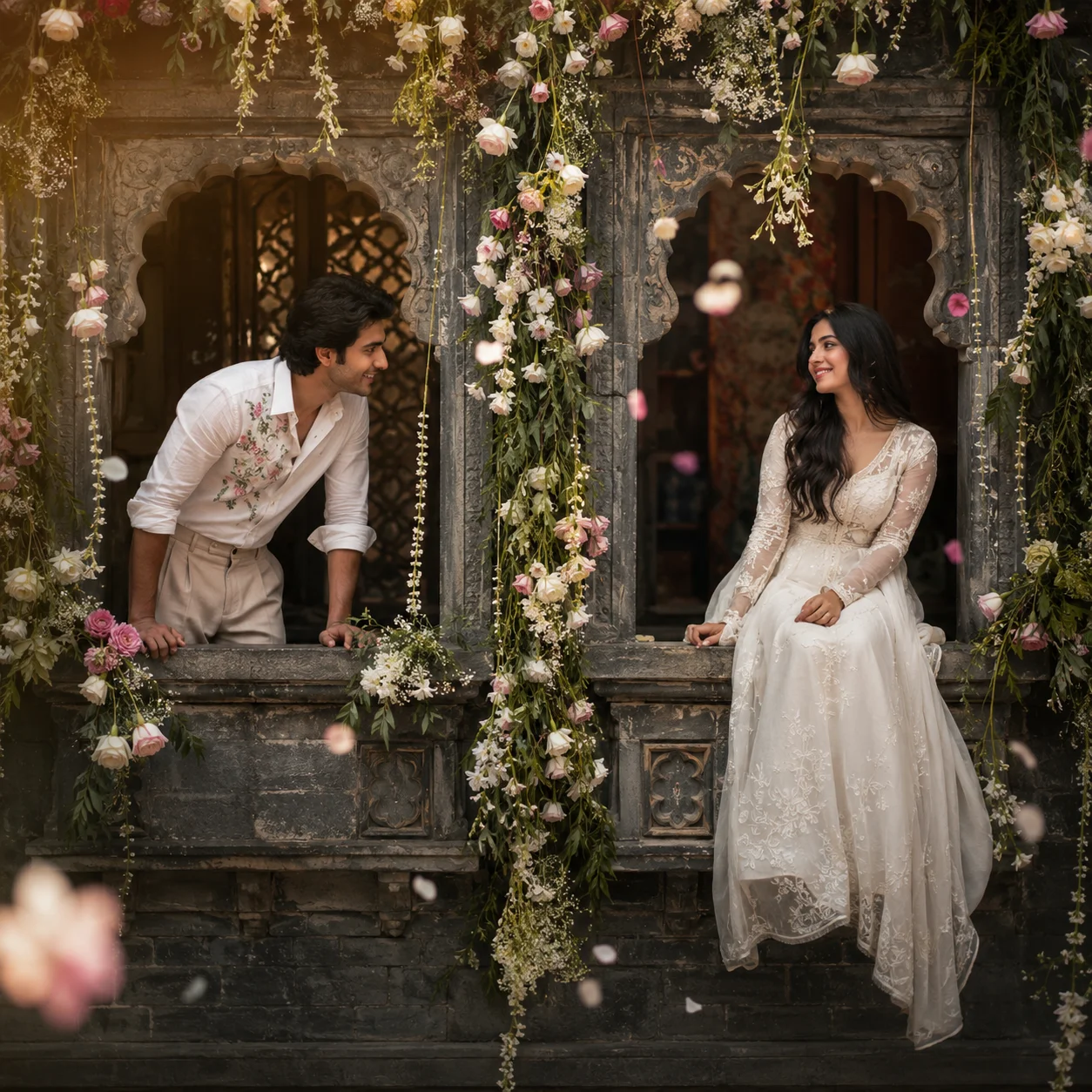 Ultra-realistic IMAX-level Netflix-style cinematic romantic portrait of a young couple sharing a heartfelt moment from two vintage windows of a beautiful matte grey brick heritage building, the handsome young man leaning casually from the left window wearing a premium white linen shirt with delicate floral embroidery, sleeves casually rolled up, tailored beige trousers, styled dark textured hair swept backward, facial expression: warm affectionate smile with a gentle romantic gaze fixed on the woman, the beautiful young woman sitting gracefully on the opposite window ledge wearing an elegant flowing white embroidered chiffon Anarkali dress with intricate floral lace detailing and sheer full sleeves, long silky jet-black hair cascading naturally over her shoulders, facial expression: soft genuine smile filled with warmth and admiration, eyes locked lovingly with the man, luxurious cascading floral garlands and hanging flower vines connecting both windows, delicate white roses, jasmine strings, baby's breath flowers, floating flower petals drifting through the air, soft breeze creating natural movement in hair and fabric, warm golden sunlit rays filtering through the flowers, creating magical highlights and cinematic depth, ultra-rich cinematic color grading, premium Hollywood color science, deep luxurious shadows, rich neutral grey tones, vibrant floral colors, golden highlights, HDR-quality dynamic range, intense color depth, enhanced contrast, realistic skin texture, volumetric lighting, creamy bokeh, atmospheric depth, luxury editorial photography, emotional storytelling, masterpiece composition, ultra-sharp focus, highly detailed fabric textures, realistic embroidery details, 85mm lens, f/1.8, award-winning romantic photography, cinematic poster quality, 9:16 vertical composition.
Negative Prompt: blurry faces, bad anatomy, distorted hands, extra fingers, duplicate people, unrealistic expressions, flat colors, dull grading, washed-out colors, low contrast, cartoon, anime, CGI, plastic skin, poor lighting, watermark, logo, text, low resolution, compression artifacts, oversaturated flowers.