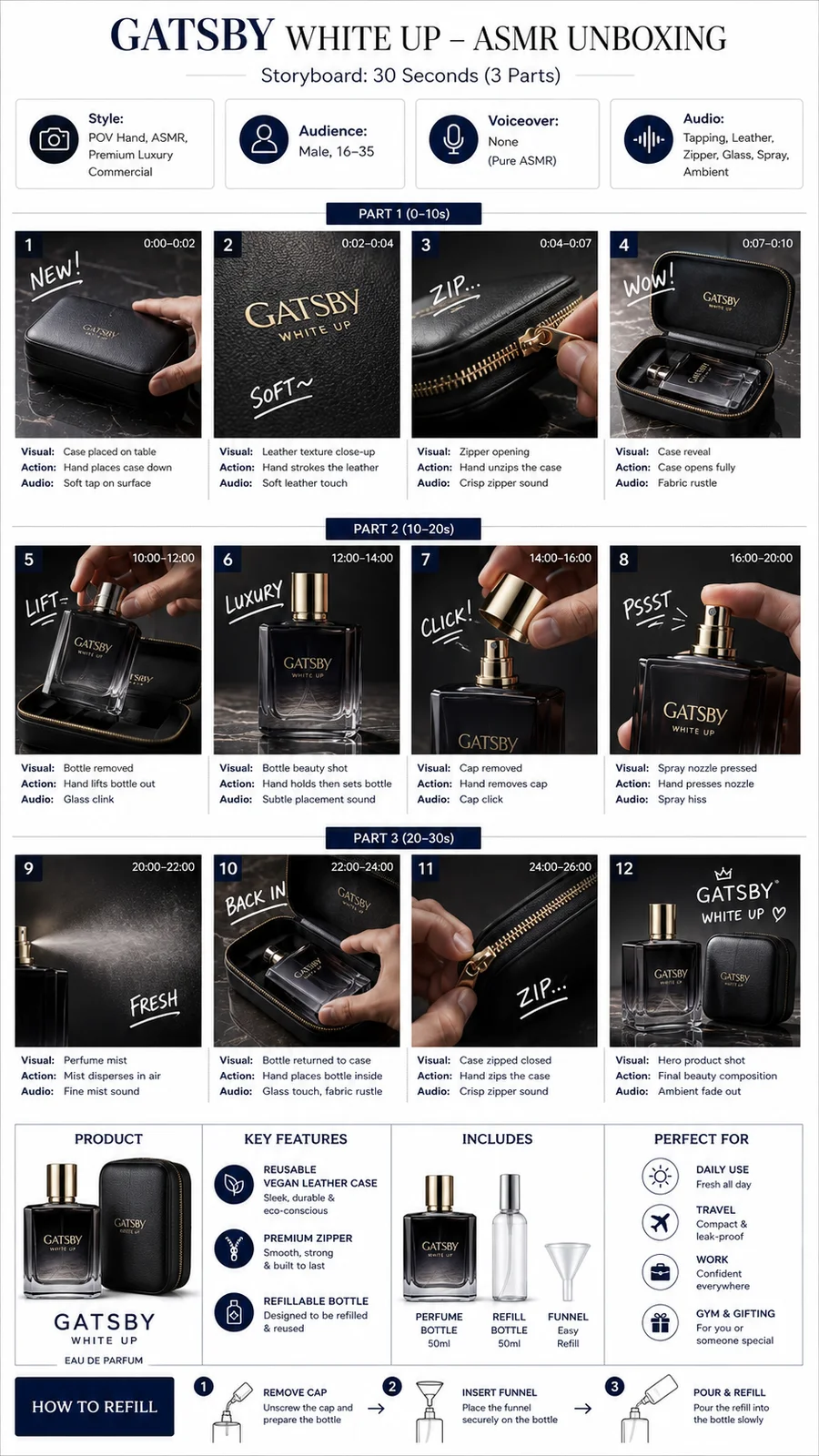 Create a professional advertising agency storyboard for a 30-second luxury ASMR unboxing commercial of a premium perfume called GATSBY WHITE UP.
Use a clean white presentation board with a modern editorial layout, navy and black typography, thin gray dividers, and a premium pitch-deck aesthetic. Organize the storyboard into 12 numbered frames (3 rows × 4 columns) with timestamps, grouped into Part 1 (0–10s), Part 2 (10–20s), and Part 3 (20–30s).
At the top include:
Title: GATSBY WHITE UP – ASMR UNBOXING
Storyboard: 30 Seconds (3 Parts)
Four info cards with icons:
Style: POV Hand, ASMR, Premium Luxury Commercial
Audience: Male, 16–35
Voiceover: None (Pure ASMR)
Audio: Tapping, Leather, Zipper, Glass, Spray, Ambient
Each storyboard frame should feature:
Premium product photo
Frame number and timestamp
Handwritten doodle text (e.g., "NEW!", "SOFT~", "ZIP...", "WOW!", "CLICK!", "PSSST", "FRESH", "LUXURY")
Three short captions: Visual, Action, and Audio
The sequence should show:
1. Case placed on table
2. Leather texture close-up
3. Zipper opening
4. Case reveal
5. Bottle removed
6. Bottle beauty shot
7. Cap removed
8. Spray nozzle pressed
9. Perfume mist
10. Bottle returned to case
11. Case zipped closed
12. Hero product shot with bottle and case
At the bottom, add four infographic sections:
Product
Key Features (reusable vegan leather case, premium zipper, refillable bottle)
Includes (bottle, refill bottle, funnel)
Perfect For (daily use, travel, work, gym, gifting)
How to Refill (3 simple icon steps)