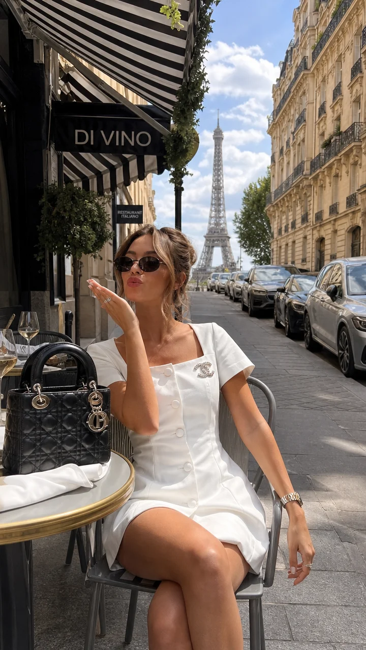 {
  "prompt_type": "Ultra-Photorealistic Lifestyle Photography",
  "subject": {
"description": "Young woman in the reference image with a chic, luxurious aesthetic",
"hair": "Same colour in the reference image, styled in a messy yet elegant updo with loose strands framing the face",
"apparel": {
"outfit": "White structured mini dress or romper with a square neckline, short sleeves, and large white buttons down the front",
"accessories": [
"Black oval sunglasses",
"Silver luxury logo brooch on the left chest",
"Silver bracelet/watch on left wrist",
"Small rings"
],
"footwear": "Not visible, implied chic heels or sandals"
},
"pose": "Seated on a cafe chair, legs crossed at the knee, body slightly angled towards the camera, right hand raised near the face in a 'blowing a kiss' or cute posing gesture, left hand resting on the chair frame, lips puckered slightly"
  },
  "environment": {
"location": "Outdoor street-side cafe in Paris",
"background": {
"landmark": "The Eiffel Tower visible in the distance down the street center",
"architecture": "Classic Parisian Haussmann-style limestone buildings with balconies",
"street": "Parked cars lining the right side, paved sidewalk"
},
"foreground_elements": {
"furniture": "Typical round bistro table, grey metal cafe chair",
"items": "Black quilted luxury handbag (resembling Lady Dior) sitting on the table, wine glasses, white napkins",
"decor": "Black and white striped awning overhead, signage reading 'DI VINO'"
}
  },
  "lighting": {
"type": "Natural daylight",
"quality": "Soft afternoon sun, creating gentle shadows and highlights on the subject's skin and dress",
"sky": "Blue sky with scattered white clouds"
  },
  "camera_settings": {
"style": "High-end lifestyle photography, influencer travel aesthetic",
"lens": "35mm or 50mm portrait lens",
"aperture": "f/2.8 to f/4 (keeping the subject sharp while softly blurring the distant background context)",
"resolution": "8k, Ultra HD",
"focus": "Sharp focus on the subject and immediate foreground",
"texture_quality": "High fidelity textures on the fabric of the dress, the quilted bag leather, and the stone buildings"
  },
  "mood": "Chic, elegant, cosmopolitan, relaxed luxury, travel wanderlust, Parisian dreamy"
}"
The scene features a young woman seated at a classic street café, styled with a clean white structured mini dress and subtle luxury accessories. Her pose is relaxed and confident, with a soft playful gesture that adds personality without feeling forced. Everything is designed to feel organic, as if the photo was taken during a real stroll through the city.